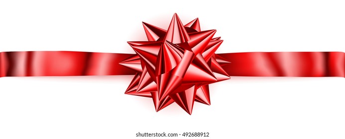 Beautiful red shiny bow with horizontal ribbon with shadow
