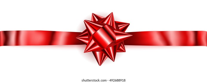 Beautiful red shiny bow with horizontal ribbon with shadow