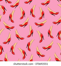 Beautiful red shoe on a pink background. Vector illustration. Seamless pattern.