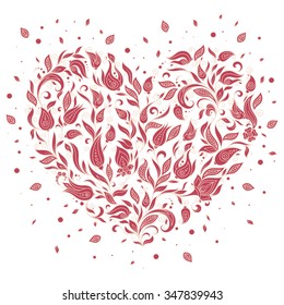 Beautiful  red silhouette of the heart of lace flowers, tendrils and leaves. Isolated on white. 