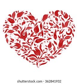 Beautiful red silhouette of the heart of lace flowers, tendrils and leaves. Isolated on white.