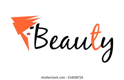 Beautiful red silhouette woman face with red lips, hairstyle in abstract style Beauty Logo, sign, symbol, icon for salon, spa, firm company or center. Vector illustration