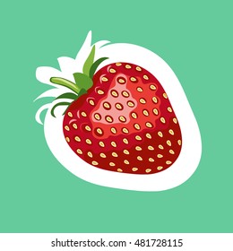 Beautiful red strawberry stickers. Vector illustration. Turquoise background