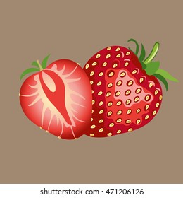 Beautiful red strawberry vector illustration. Strawberry fresh healthy breakfast. Beautiful red strawberry summer vector illustration. Strawberry fruit isolated. Brown background