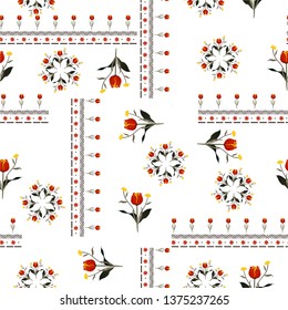 Beautiful red tulip flowers with line in bohemian scarf style seamless pattern vector design for fashion,fabric ,web,wallpaper and all pints on white background