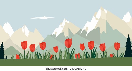 Beautiful red tulips against a mountain landscape. Vector illustration for poster, card, banner, print or design.