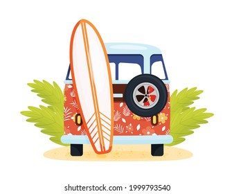 Beautiful Red Van With Surf And Spare Wheel On The Back. Summer Beach  Vector Illustration.