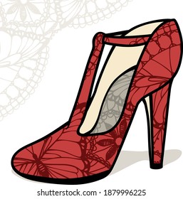beautiful red vector color high heel shoe with lace print and lace backdrop

