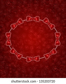 Beautiful red vector lacy background with bows, festive frame