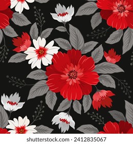 Beautiful red and white flowers on black background seamless pattern. This pattern can be used for fabric textile wallpaper background.