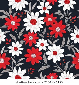 Beautiful red and white flowers on black background seamless pattern. This pattern can be used for fabric textile wallpaper background.