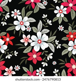 Hermosas flores rojas y blancas sobre fondo negro patrón sin fisuras. Este patrón se puede utilizar para el fondo de Fondo de pantalla textil de la tela.