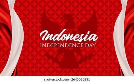Beautiful red white Indonesia batik background with waving flag and Pancasila silhouette. Best for 80th Anniversary of Indonesia Independence Day 2025. Dirgahayu Indonesia 2025 illustration