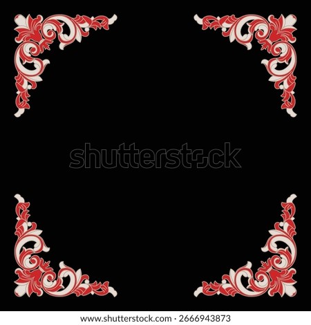 Beautiful red and white ornate scrollwork corner designs adorn a clean white background.