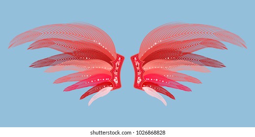 Beautiful Red Wings with Feathers. Carnival Costume. Wings with Feathers for Masquerade, Carnival, Celebration, Costume, Card, Invitations. Suit for the Holiday. Gentle Angel Wings.