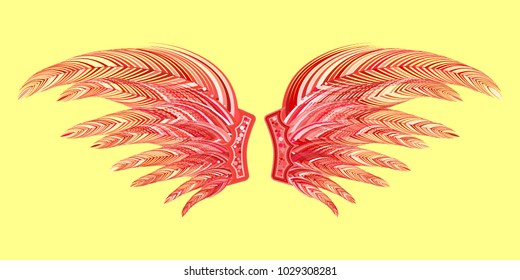 Beautiful Red Wings with Feathers. Carnival Costume. Wings with Feathers for Masquerade, Carnival, Celebration, Costume, Card, Invitations. Suit for the Holiday. Gentle Angel Wings.