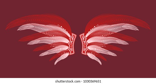 Beautiful Red Wings with Feathers. Carnival Costume. Wings with Feathers for Masquerade, Carnival, Celebration, Costume, Card, Invitations. Suit for the Holiday. Gentle Angel Wings.