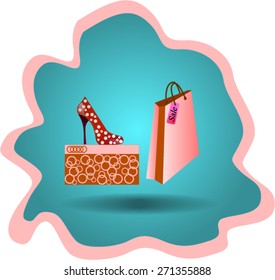 Beautiful red women's shoes with pea drawing. A package for purchases. Sale.