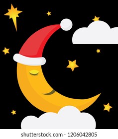 beautiful red x mas hat wearing sleepy moon in black night sky with stars and Christmas star 