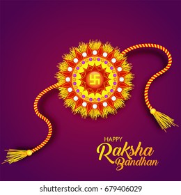 Beautiful Red And Yellow Decorative Rakhi On Purple Background. Happy Raksha Bandhan Celebration Greeting Card Design.