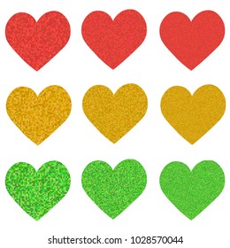 Beautiful red, yellow and green pixel effect vector elements hearts for postcards, prints or web (8 - 16 bit) 
