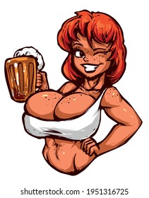 a beautiful red-haired girl with a beer mug smiles in a white T-shirt