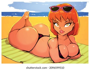 beautiful red-haired girl in a black bikini lying on the beach in summer vector illustration