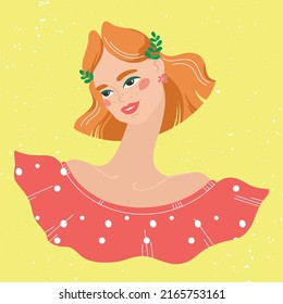 Beautiful red-haired girl in a dress with polka dots. Floral hair ornament. Avatar for social network. fashion illustration isolated on background.