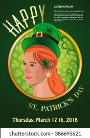 Beautiful red-haired girl in a green leprechaun hat. Face cute Irish girl. Red-haired woman smiling. Happy St. Patrick's Day. 17 March. Vector illustration.