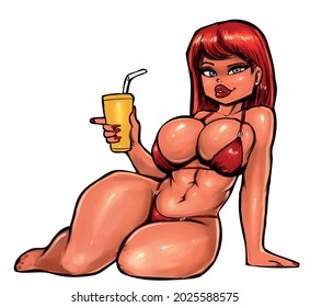 a beautiful red-haired girl in a red bikini with a cocktail in her hand is sitting pinup vector illustration