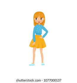 Beautiful red-haired girl with smiling face expression. Young woman in fashion casual outfit skirt and sweater with dots. Flat vector design