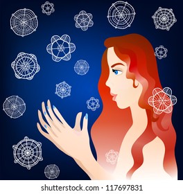 Beautiful red-haired girl and snowflakes. Eps 10 vector illustration for your Christmas design