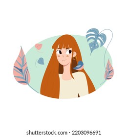 Beautiful red-haired girl. Stylish vector illustration with a young girl.A smiling girl with a bird on her shoulder.Cute illustration with people.The woman is surrounded by leaves.People in flat style