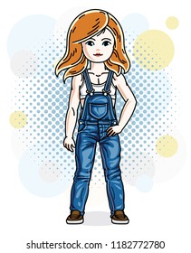 Beautiful red-haired girl wearing casual clothes standing on colorful backdrop with bubbles. Vector human illustration.