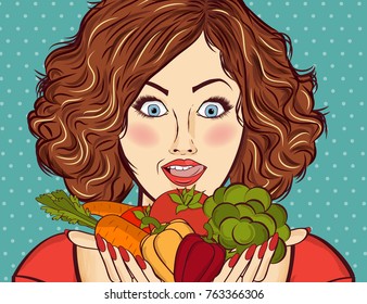 beautiful red-haired lady with vegetables in her hands