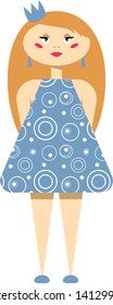 Beautiful red-haired princess in a blue dress with a pattern of a white circles, with crown on her head and earrings, vector