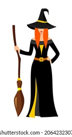 Beautiful red-haired witch in black with a gold dress and a pointed hat stands with a broom in hand. Halloween character
