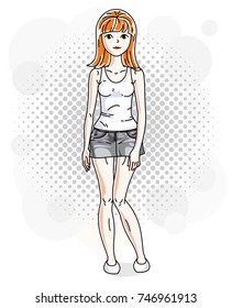 Beautiful red-haired woman adult standing on colorful background with bubbles and wearing casual clothes. Vector attractive female illustration. Lifestyle theme cartoon.