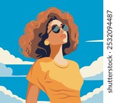 Beautiful red-haired woman in glasses against the sky and clouds. Vector flat banner. Vintage retro pin-up 70s 80s cartoon style.