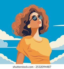 Hermosa mujer pelirroja en gafas contra el cielo y las nubes. Vector Anuncio plano. Antiguas retro pin-up 70s 80s estilo de dibujos animados.