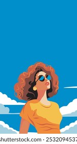 Hermosa mujer pelirroja en gafas contra el fondo del cielo y las nubes. Día de la Mujer, Día del Feminismo. Vector Anuncio plano con espacio para texto. Antiguas retro pin-up 70s 80s estilo de dibujos animados.