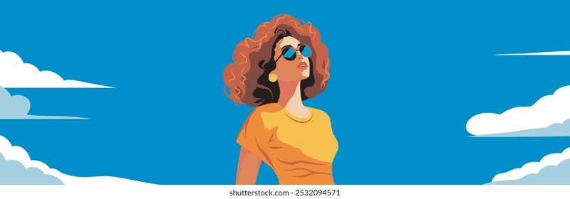 
Hermosa mujer pelirroja en gafas contra el fondo del cielo y las nubes. Anuncio con espacio para texto. Antiguas retro pin-up 70s 80s estilo de dibujos animados. 