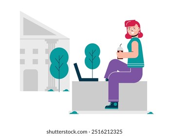 A beautiful red-haired woman with glasses is sitting in the park, working on a laptop while drinking an iced coffee. Design character. Vector flat illustration