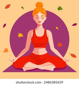A beautiful red-haired woman meditates in an autumnal park. Vector illustration, flat cartoon. 
