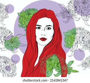 beau portrait ou illustration de femme aux cheveux rouges avec chrysanthème vert sur fond grunge violet