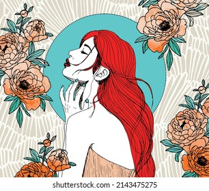 beau portrait de femme aux cheveux rouges avec fleurs orange et arrière-plan beige neutre