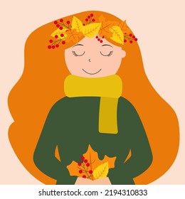 Beautiful red-haired woman with a wreath of autumn leaves in a cozy scarf. Vector illustration.