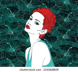 belle jeune femme aux cheveux rouges sur fond floral bleu vert