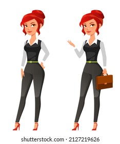 Beautiful redhead businesswoman in elegant smart casual outfit. Cute office girl, secretary, manager or life coach. Cartoon character. Isolated on white. Vector eps file.