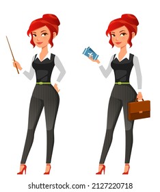 Beautiful redhead businesswoman or life coach in elegant smart casual outfit. Cute office girl, secretary or assistant. Cartoon character. Isolated on white. Vector eps file.
